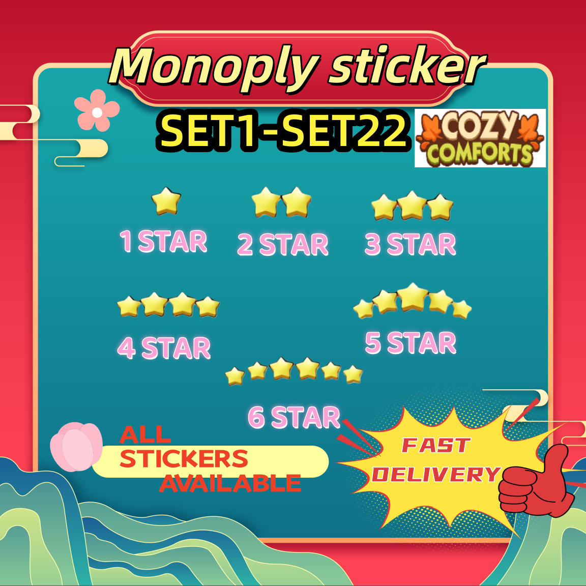 Monopoly Go Stickers,1 star、2 star、3 star and 4 star,Set 1 - Set 11 all Sticker