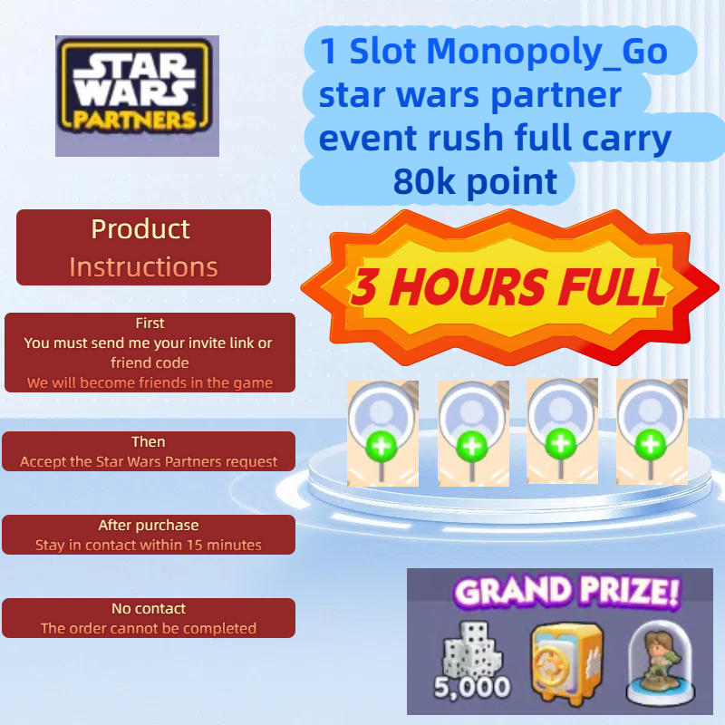 1 Slot Monopoly Go star wars partner event rush full carry 80k point-3 HOURS FULL